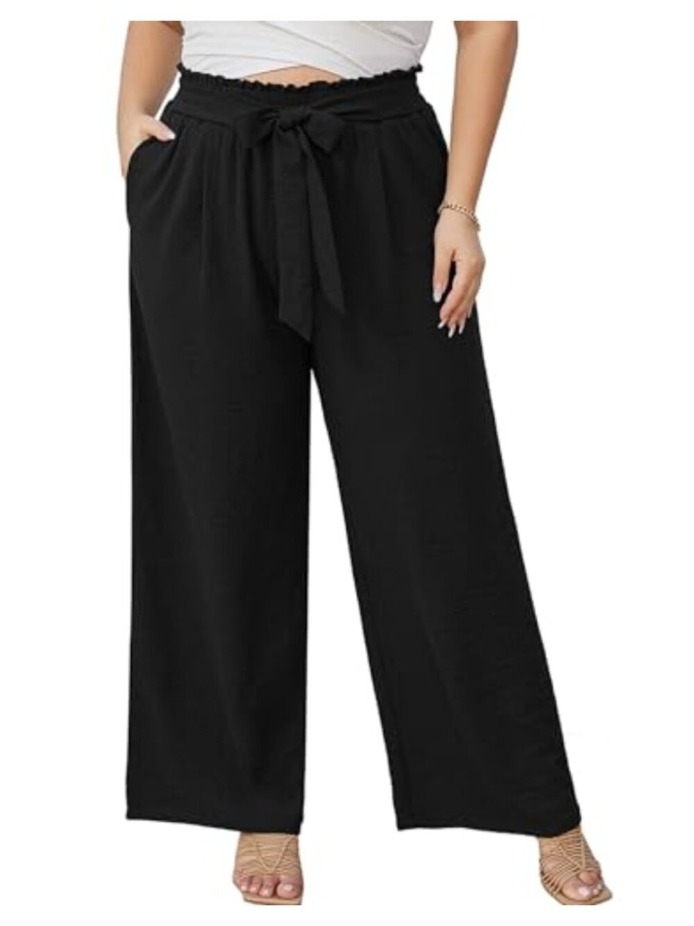 Plus Size Wide Leg Palazzo Pants High Waisted Lightweight Drawstring Tie Knot